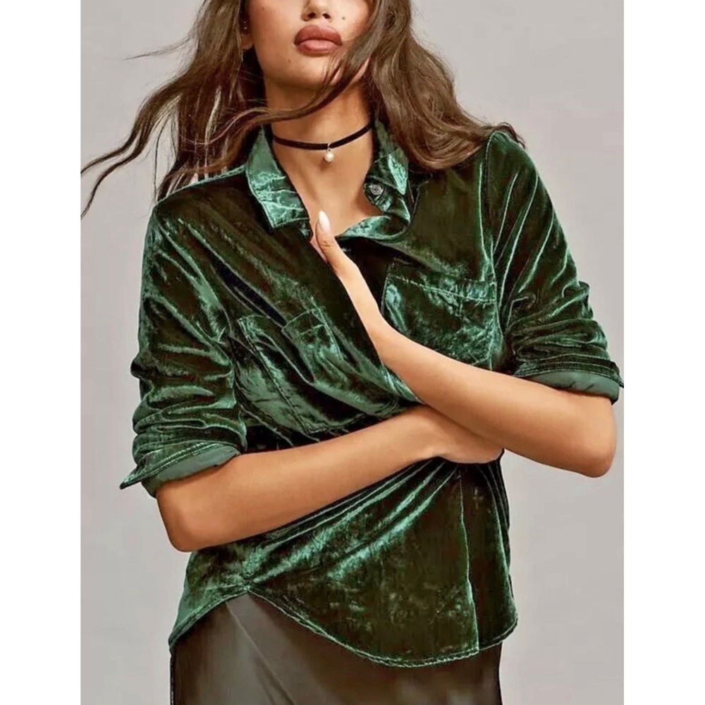 Anthropologie Pilcro sz S Hadley Relaxed Velvet Buttondown Shirt Green Oversized